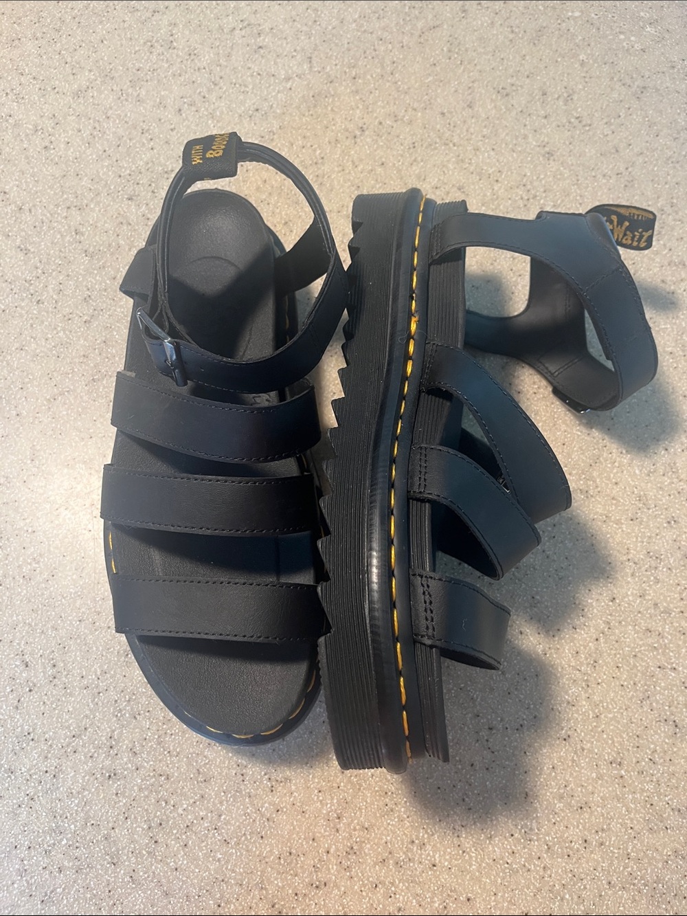 Dr. Martens Black Leather Fisherman Sandals with Yellow Stitching